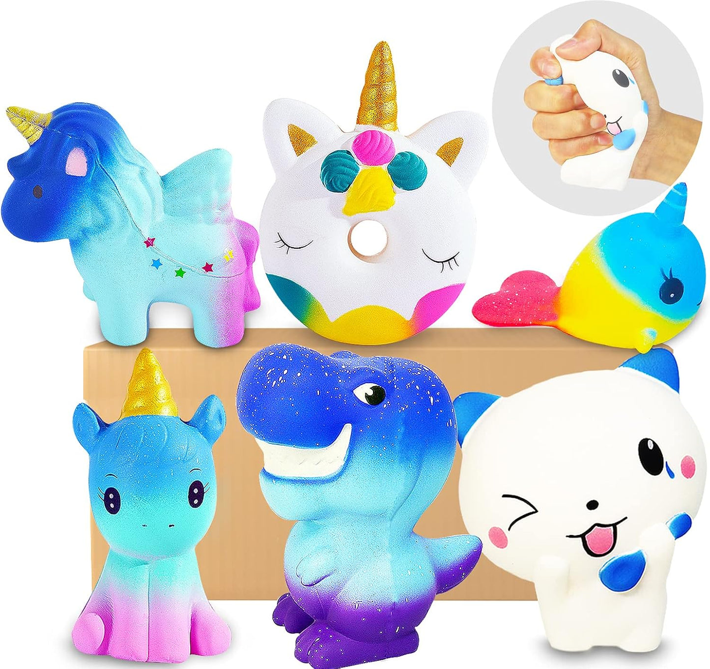 Squishies, 6 Pack Slow Rising Jumbo Squishy Toys for Kids, Unicorn Horse, Cat, Dinosaur, Shark, Donut Animals Squishies, Sensory Fidget Toys Set for Kids Party Favors Stress Relief Toys