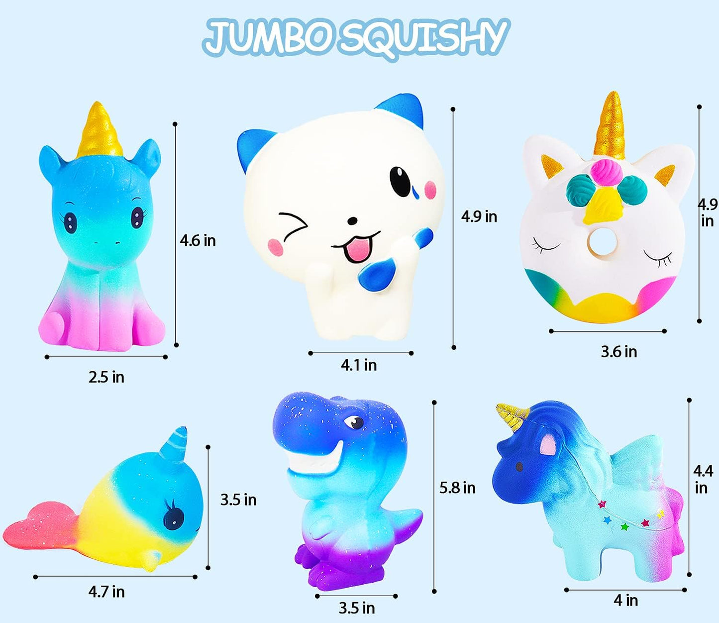 Squishies, 6 Pack Slow Rising Jumbo Squishy Toys for Kids, Unicorn Horse, Cat, Dinosaur, Shark, Donut Animals Squishies, Sensory Fidget Toys Set for Kids Party Favors Stress Relief Toys