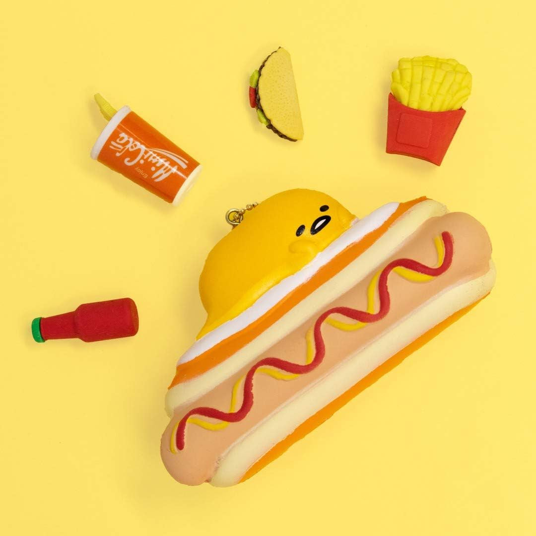Sanrio Gudetama Lazy Egg Yolk Diner Slow Rising Squishy Toy (Hotdog) for Birthday Gifts, Party Favors, Stress Balls, Play at Home & Relieve Stress with Kawaii Squishies for Kids, Girls, Boys, Adults