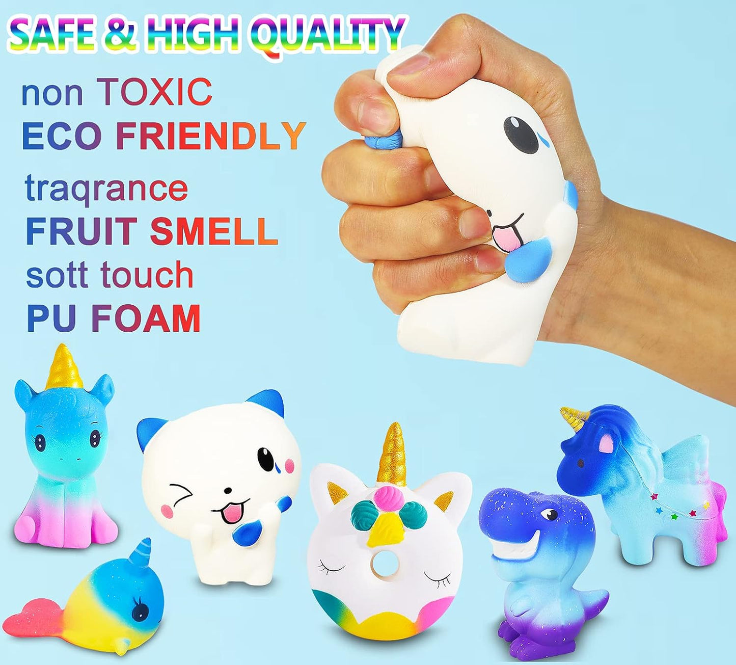 Squishies, 6 Pack Slow Rising Jumbo Squishy Toys for Kids, Unicorn Horse, Cat, Dinosaur, Shark, Donut Animals Squishies, Sensory Fidget Toys Set for Kids Party Favors Stress Relief Toys